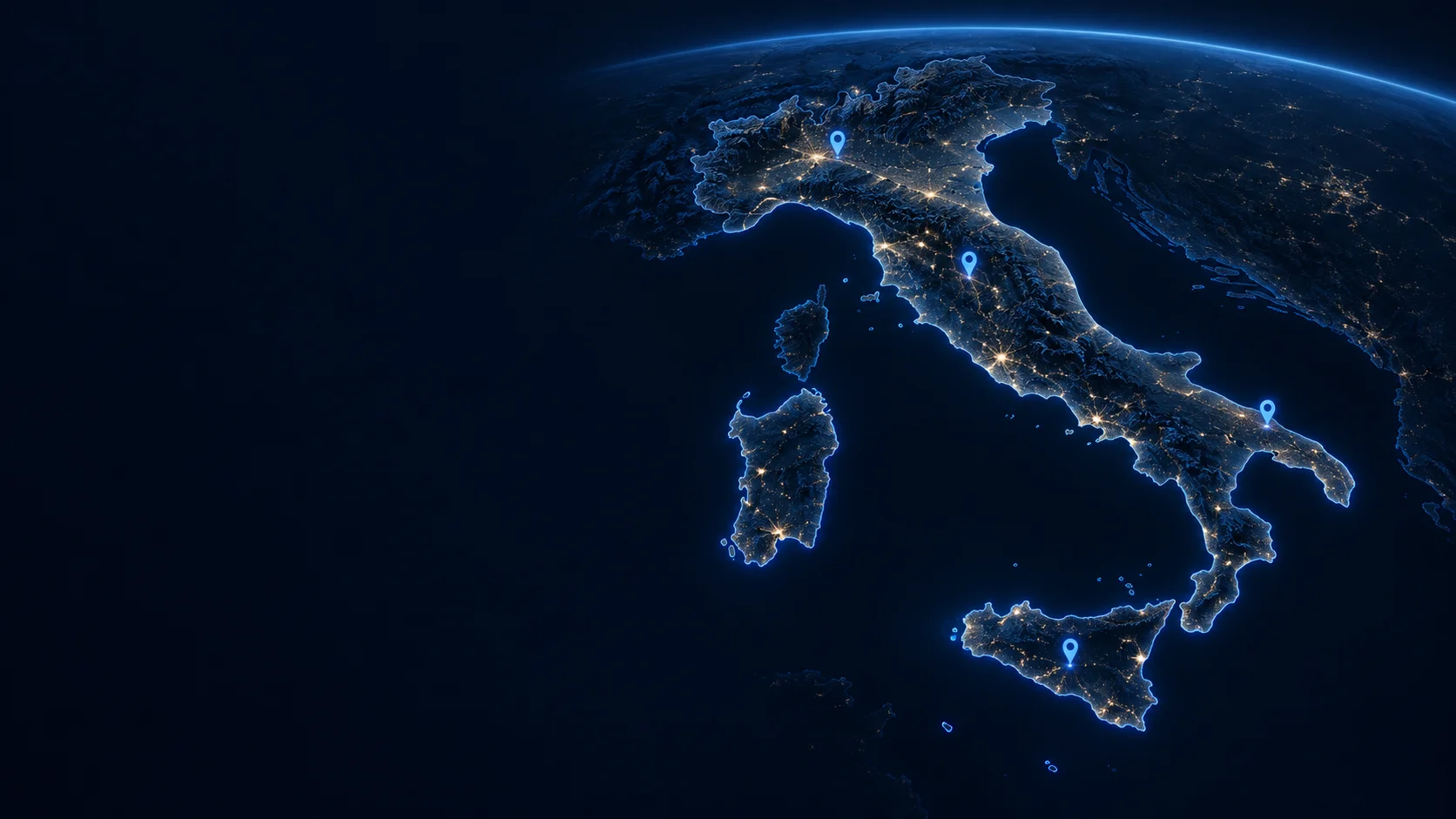 Italia stilizzata con un profilo luminoso blu e pochi indicatori di posizione